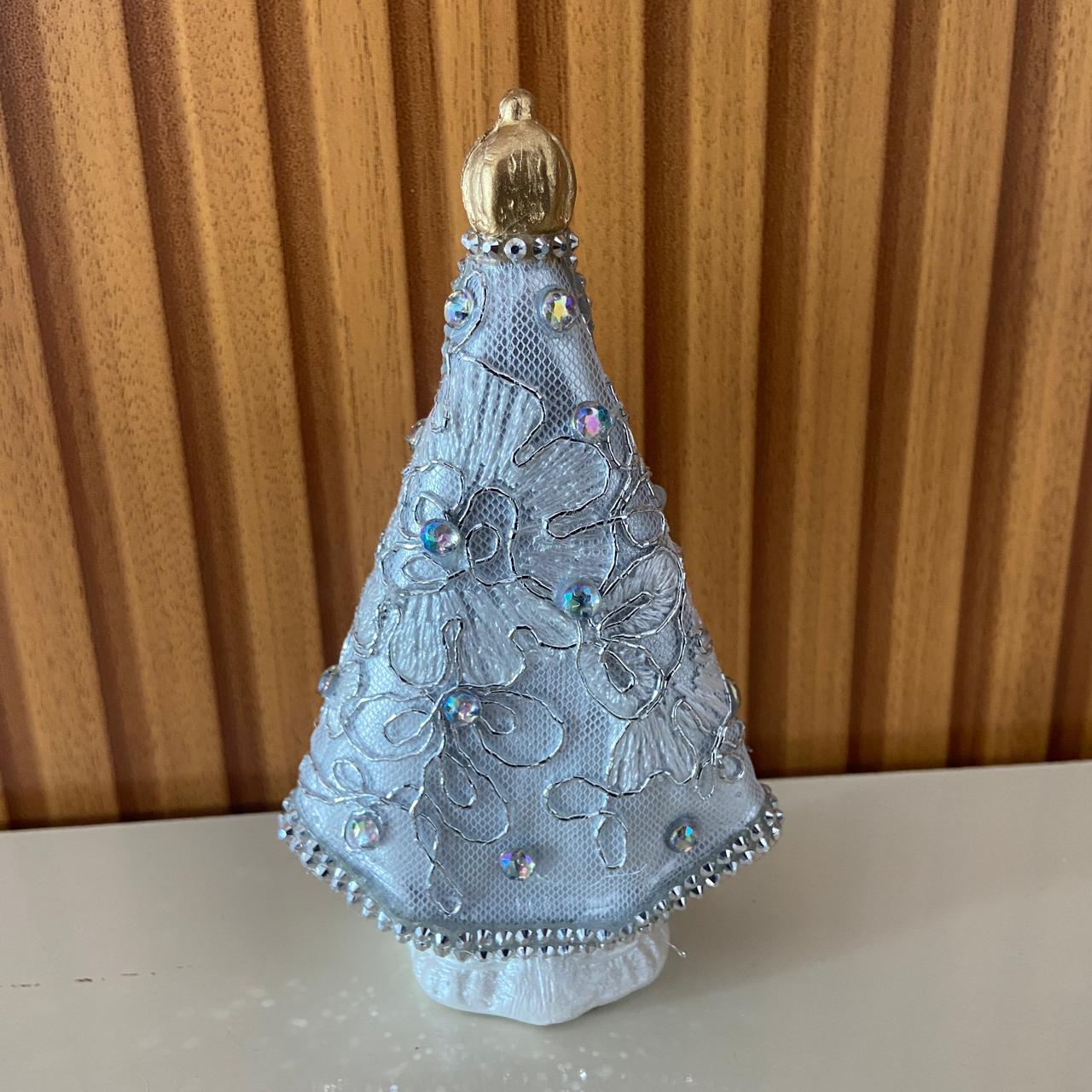 IMAGEM DE GESSO NOSSA SENHORA APARECIDA BRANCA DECOUPAGE PRATA 15CM (1 UNIDADE)