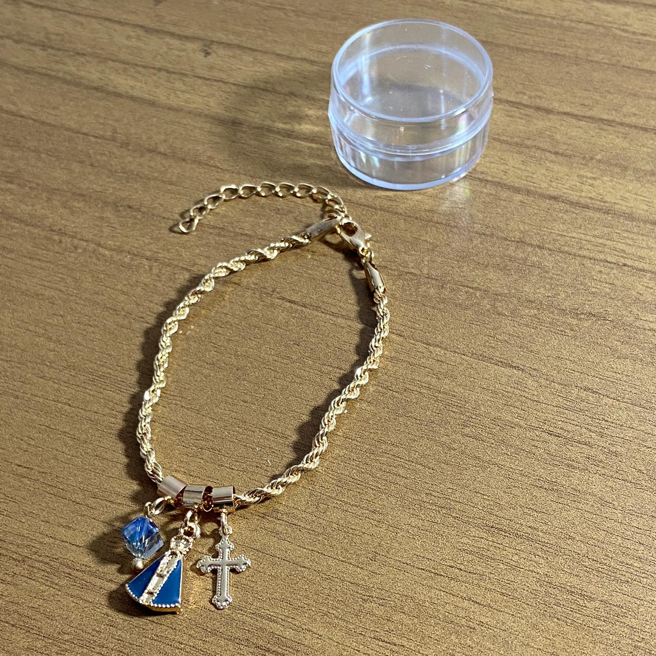 PULSEIRA DOURADA NOSSA SENHORA APARECIDA COM CRUZ E CRISTAL (6 UNIDADES)