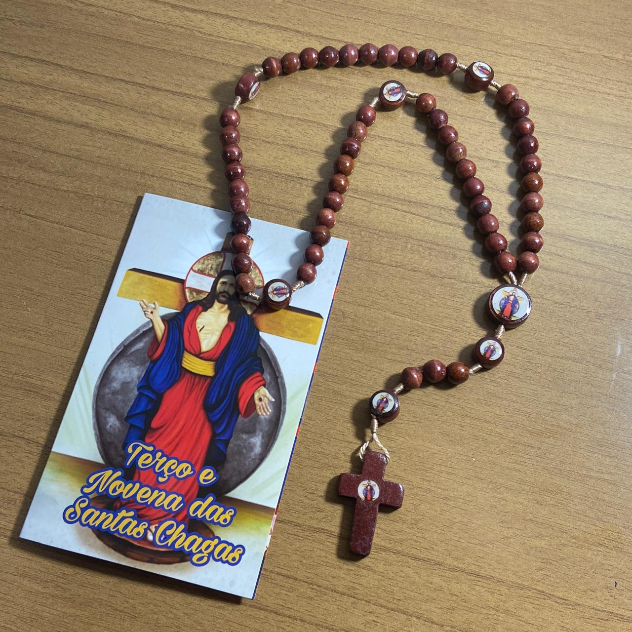 TERÇO DE MADEIRA SANTAS CHAGAS 7 MEDALHAS MOD2 08MM (3 UNIDADES)