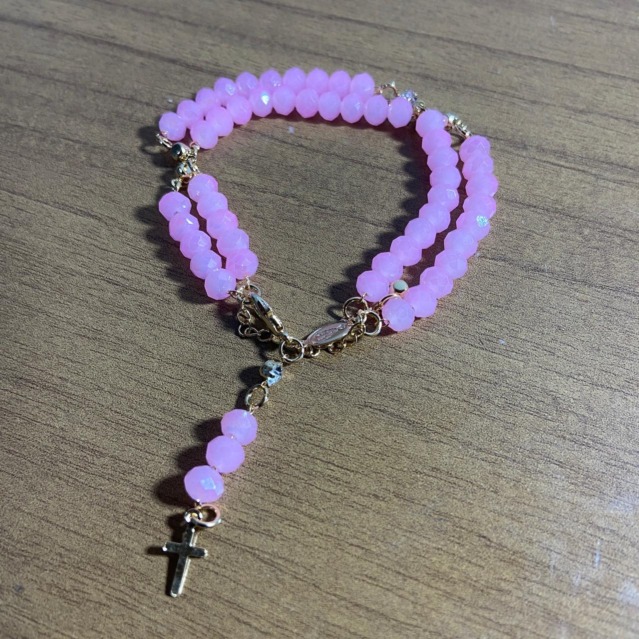 TERÇO PULSEIRA CRISTAL ROSA (3 UNIDADES)