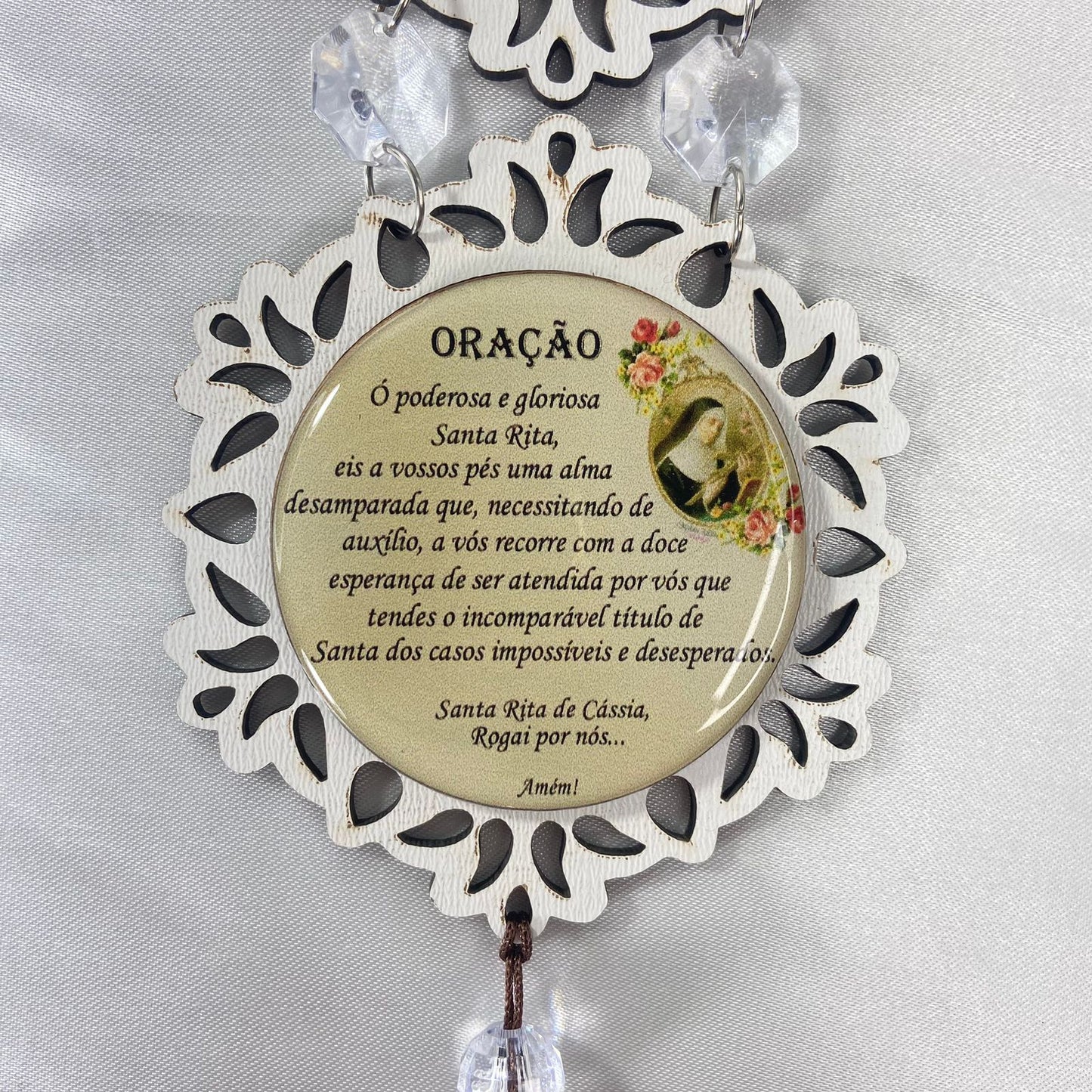 ADORNO TRIPLO REDONDO BRANCO SANTA RITA DE CÁSSIA 42CM (1 UNIDADE)