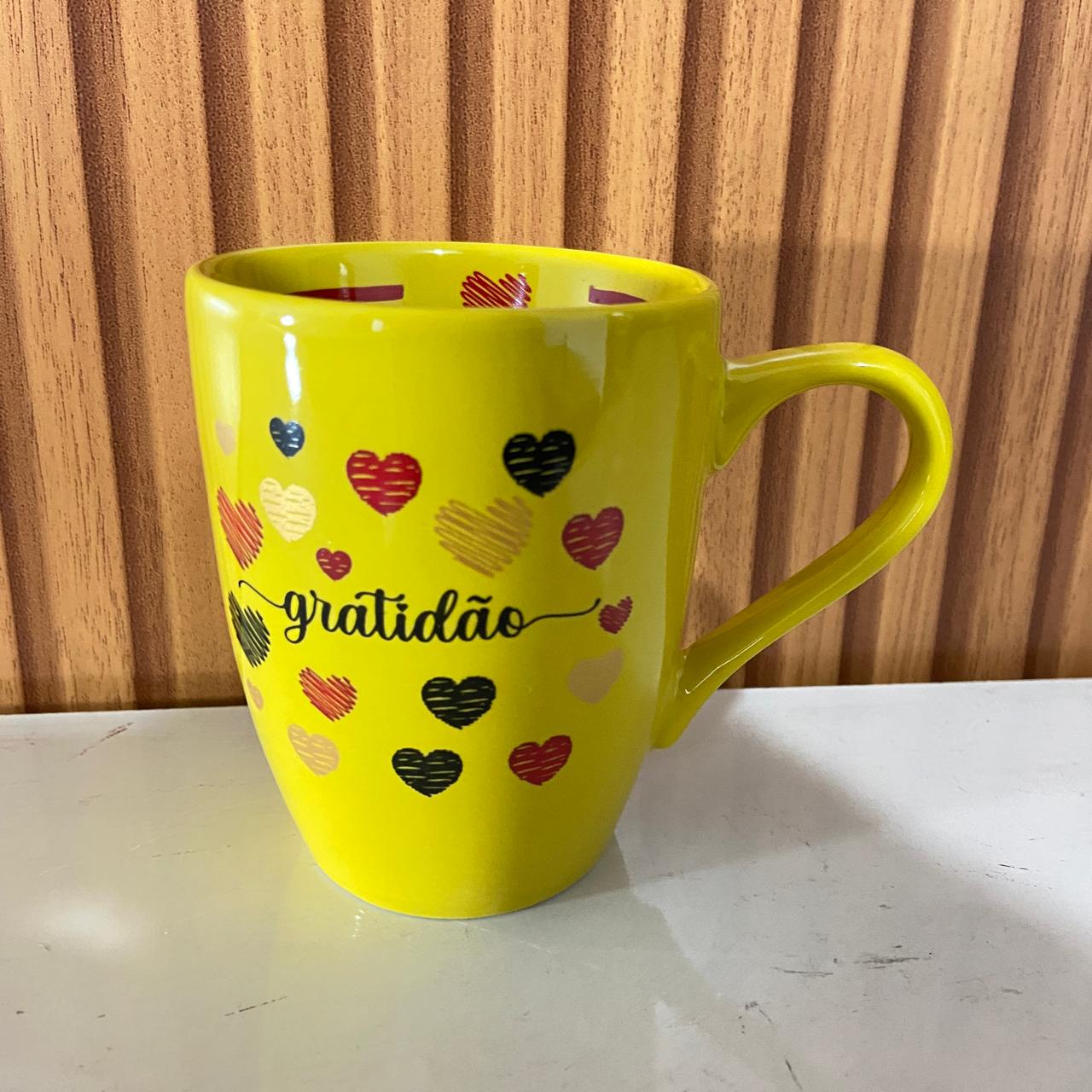 CANECA AMARELA DE PORCELANA GRATIDÃO (1 UNIDADE)