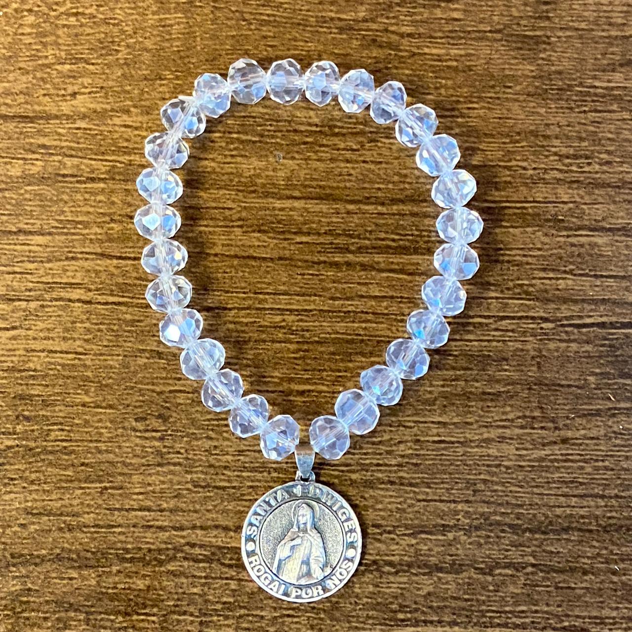 PULSEIRA CRISTAL COM MEDALHA PRATEADA SANTA EDWIGES (01 UNIDADE)