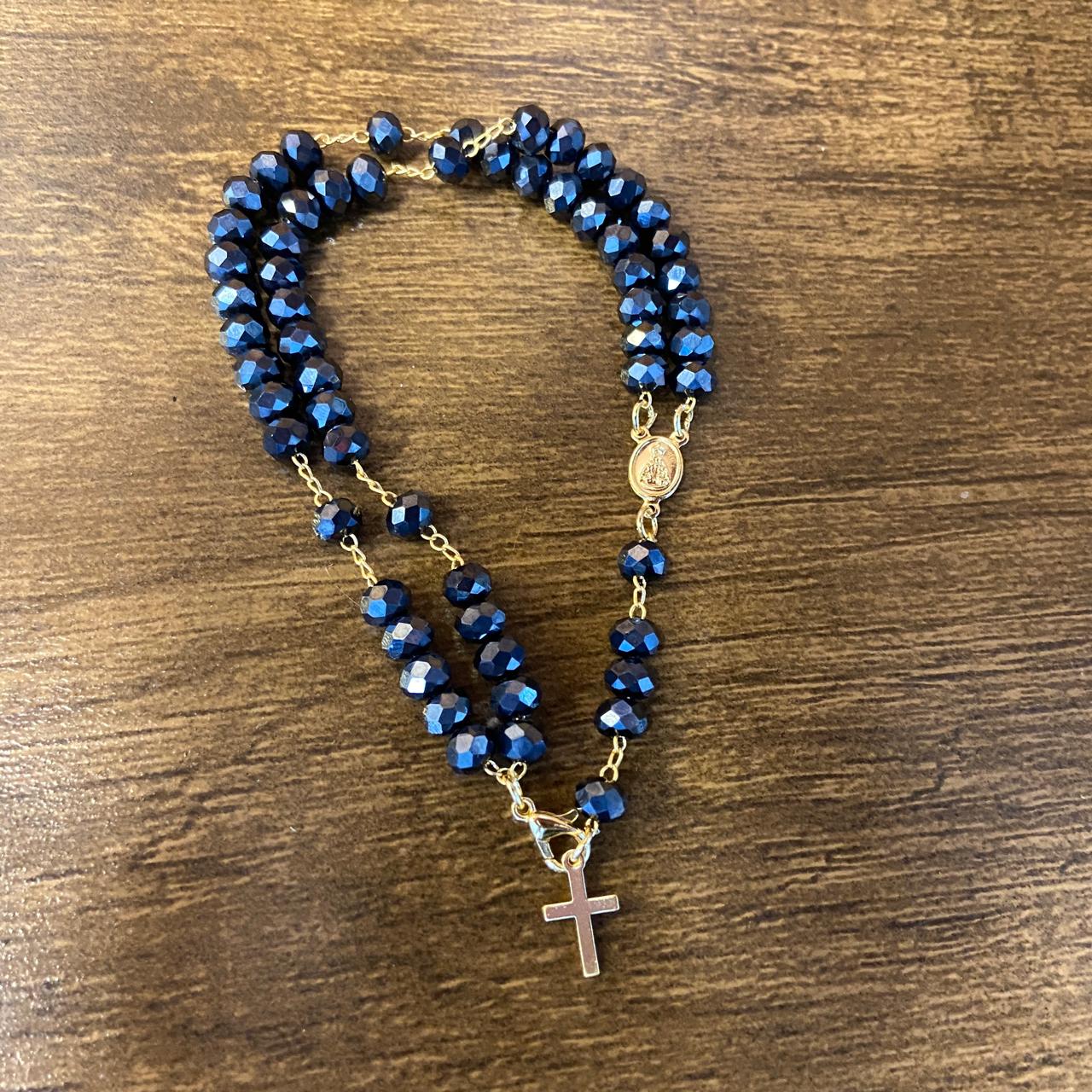 TERÇO PULSEIRA CRISTAL NOSSA SENHORA APARECIDA AZUL PETRÓLEO (3 UNIDADES)