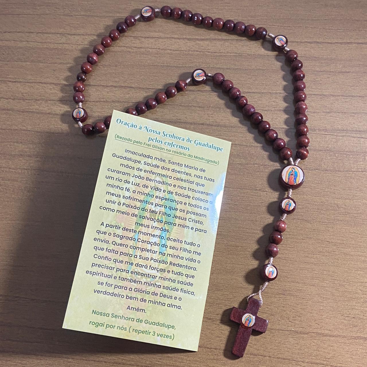 TERÇO DE MADEIRA NOSSA SENHORA DE GUADALUPE 7 MEDALHAS MOD1 8MM (3 UNIDADES)