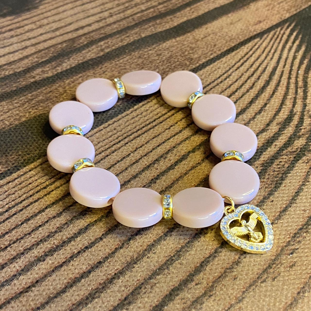 PULSEIRA ACRÍLICA ROSÉ COM MEDALHA DIVINO ESPÍRITO SANTO COM STRASS (03 UNIDADES)