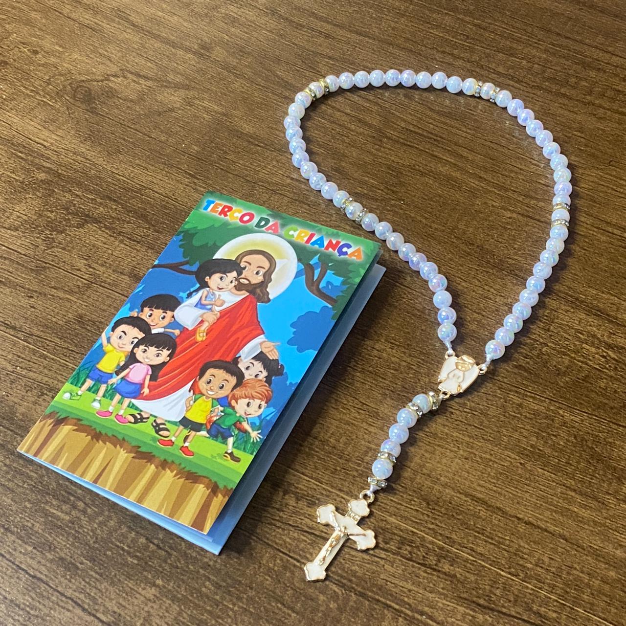 TERÇO PÉROLA COM STRASS ANJO DA GUARDA BRANCO 08MM (1 UNIDADE)