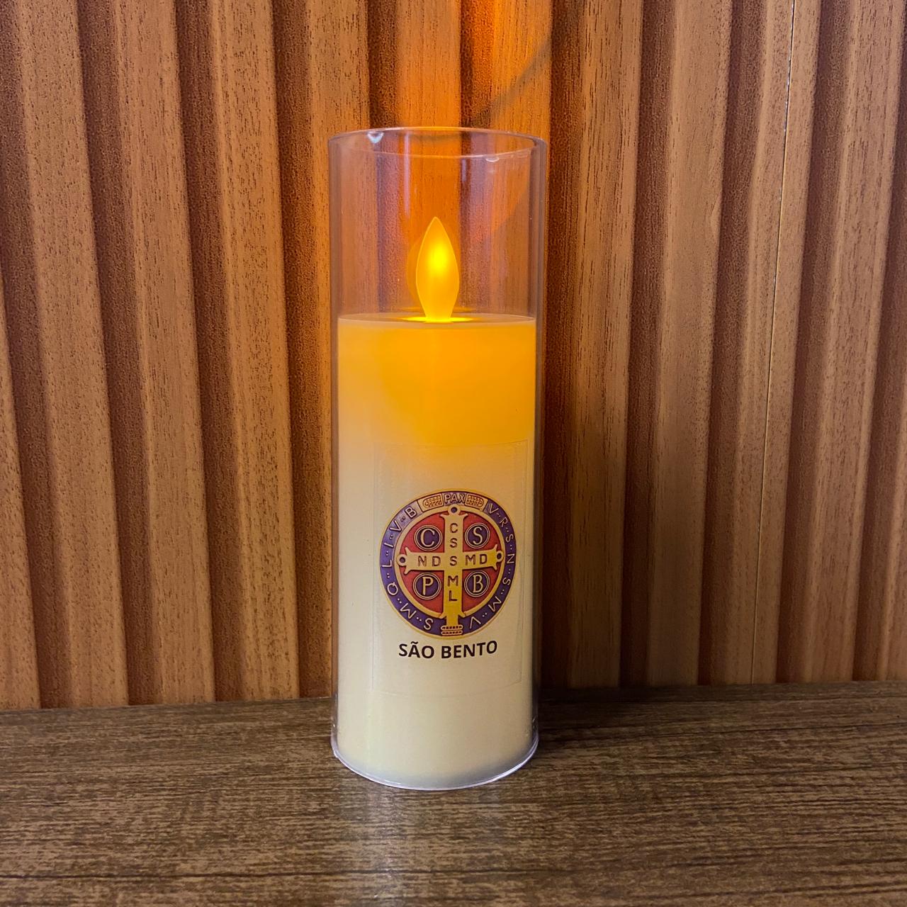 VELA ELETRÔNICA NO COPO DE ACRÍLICO MEDALHA SÃO BENTO 15CM (1 UNIDADE)
