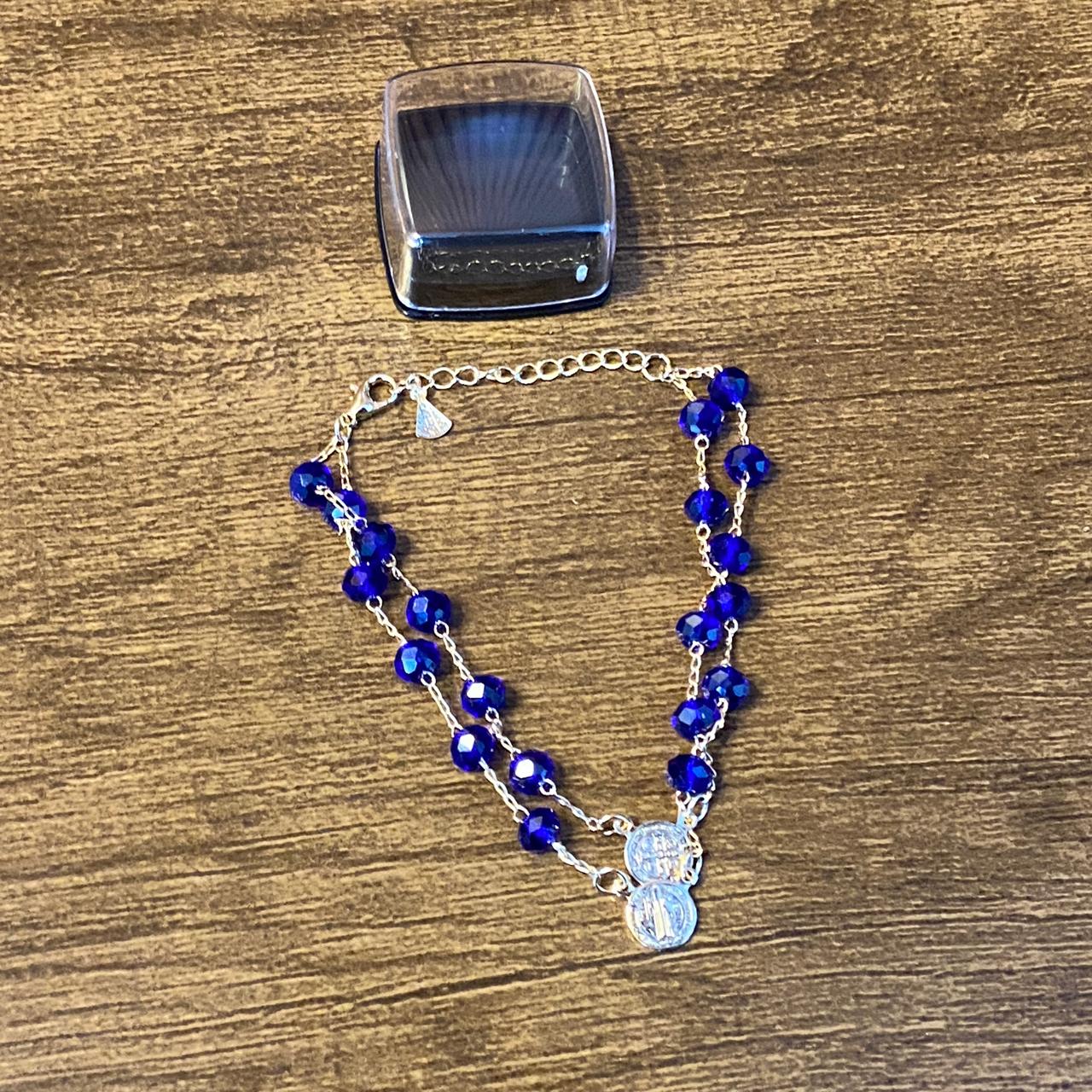 PULSEIRA ESCAPULÁRIO CRISTAL AZUL ESCURO MEDALHA SÃO BENTO (3 UNIDADES)