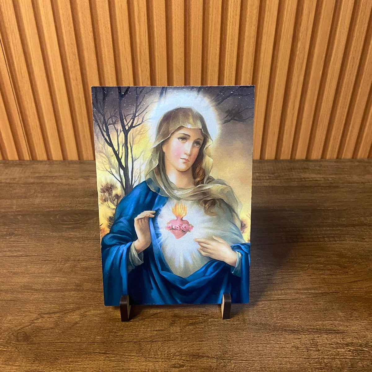 PLAQUINHA DE MESA MDF RESINADO IMACULADO CORAÇÃO DE MARIA 19CM x 13CM (1 UNIDADE)