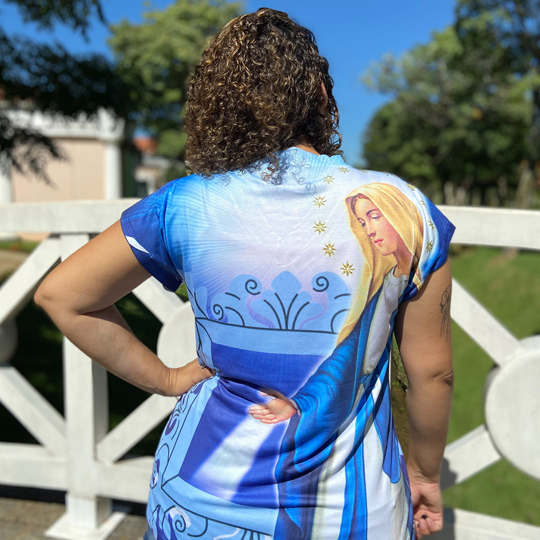 CAMISETA RELIGIOSA NOSSA SENHORA DAS GRAÇAS MEDALHA MILAGROSA AZUL TAMANHO:G (1 UNIDADE)