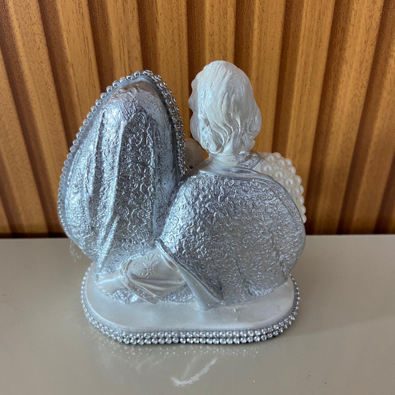 BUSTO DE GESSO SAGRADA FAMÍLIA BRANCO COM PÉROLA E STRASS PRATA 14CM MOD2 (1 UNIDADE)