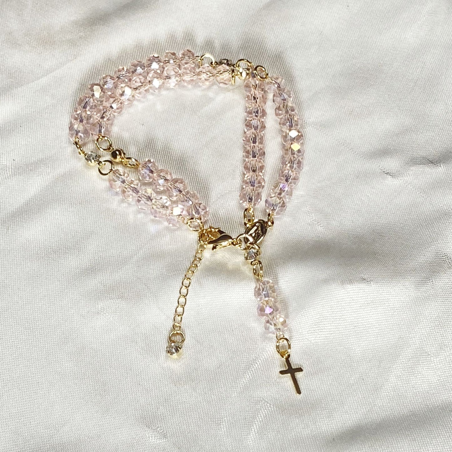 TERÇO PULSEIRA CRISTAL ROSA TRANSPARENTE (3 UNIDADES)