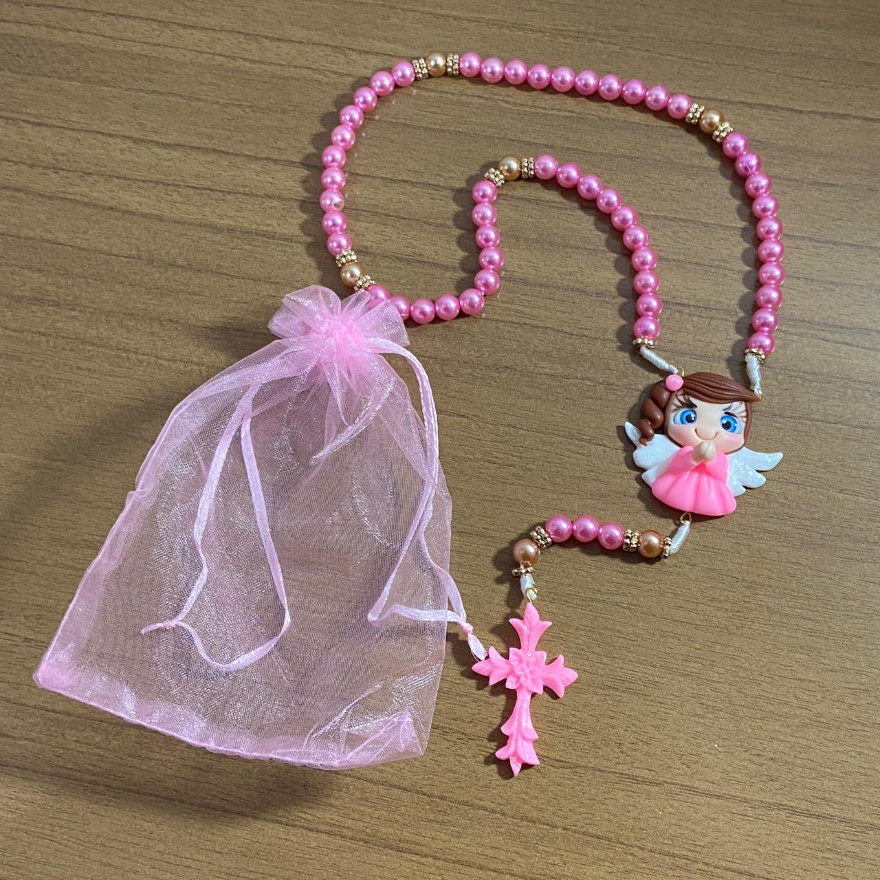 TERÇO PÉROLA ROSA ANJINHO ROSA DE BISCUIT (1 UNIDADE)