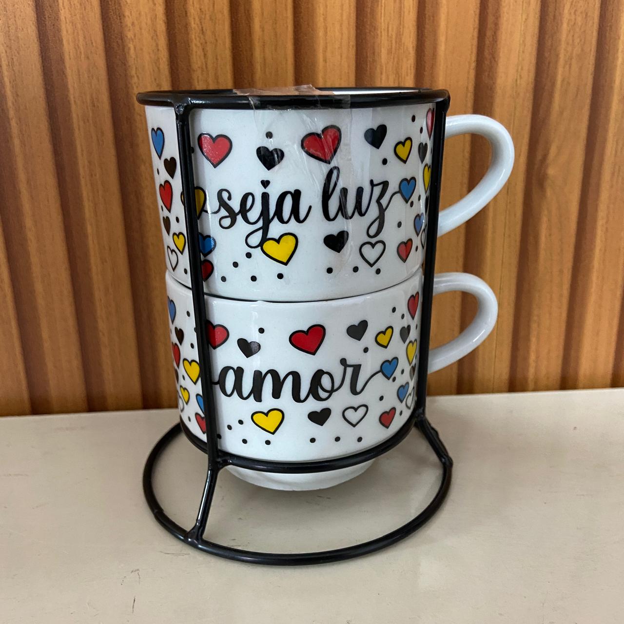 XÍCARA BRANCA EMPILHÁVEL SEJA LUZ E AMOR ( 2 UNIDADES)