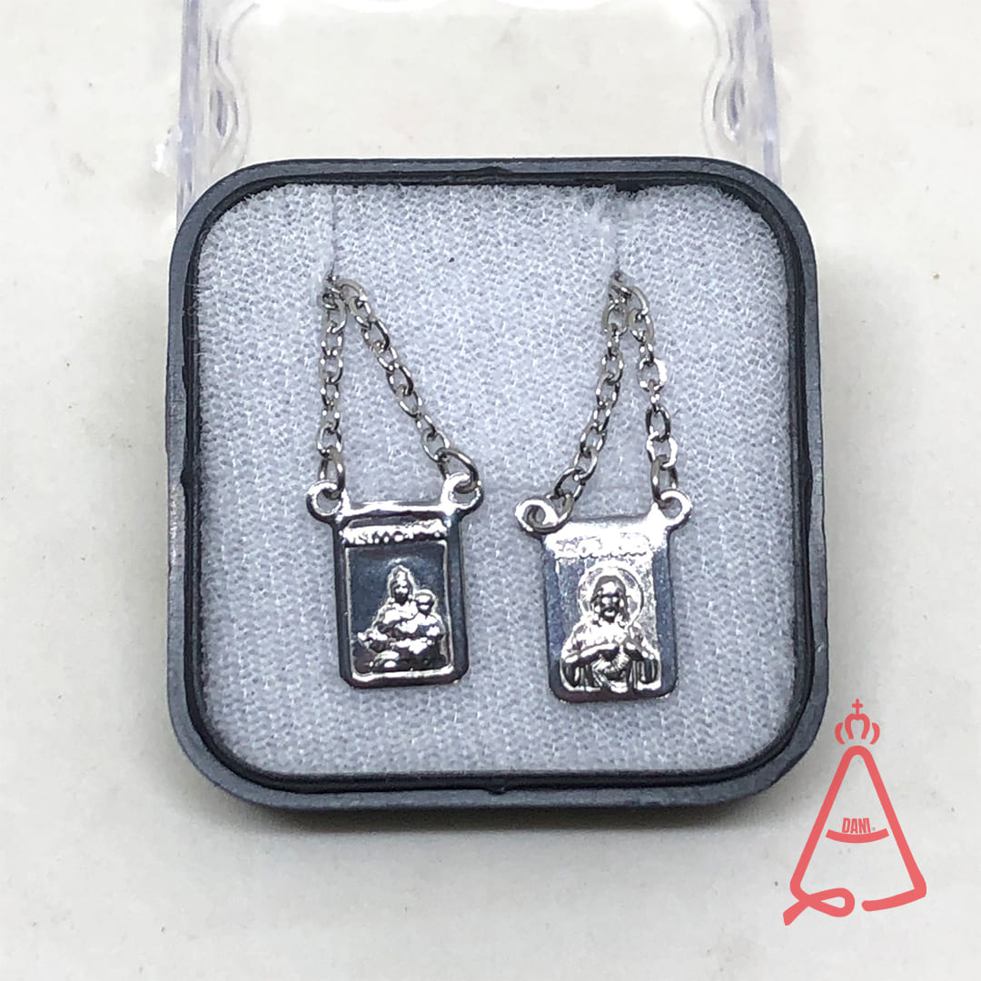 ESCAPULÁRIO DE INOX QUADRADO DETALHADO M SAGRADO CORAÇÃO DE JESUS E NOSSA SENHORA DO CARMO (6 UNIDADES)