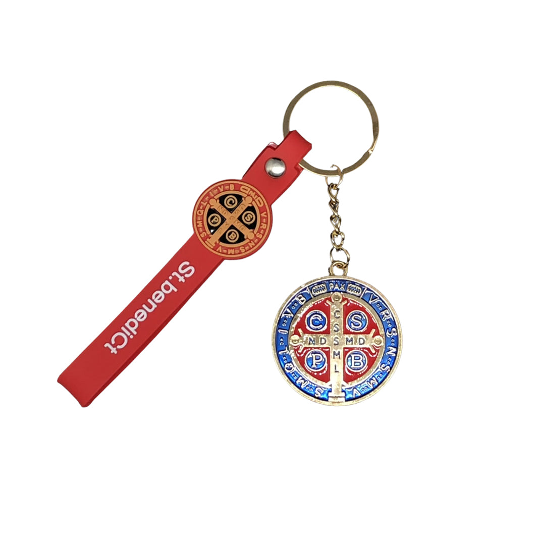 CHAVEIRO MEDALHA SÃO BENTO COM FITA SILICONE VERMELHO (3 UNIDADES)