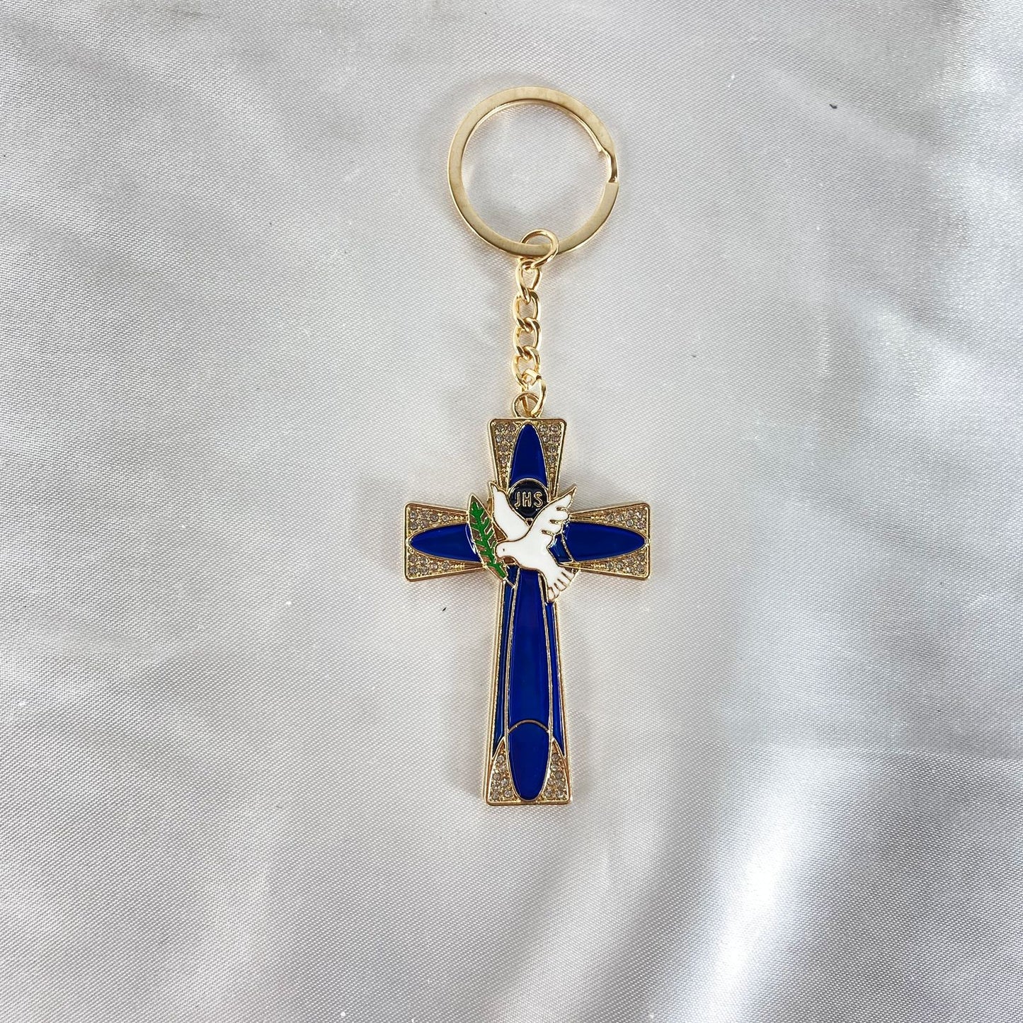 CHAVEIRO LUXO EUCARISTIA CRUCIFIXO AZUL COM STRASS (3 UNIDADES)