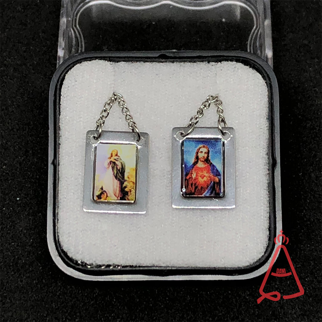 ESCAPULÁRIO DE INOX QUADRADO COLORIDO SAGRADO CORAÇÃO DE JESUS E IMACULADA CONCEIÇÃO (6 UNIDADES)