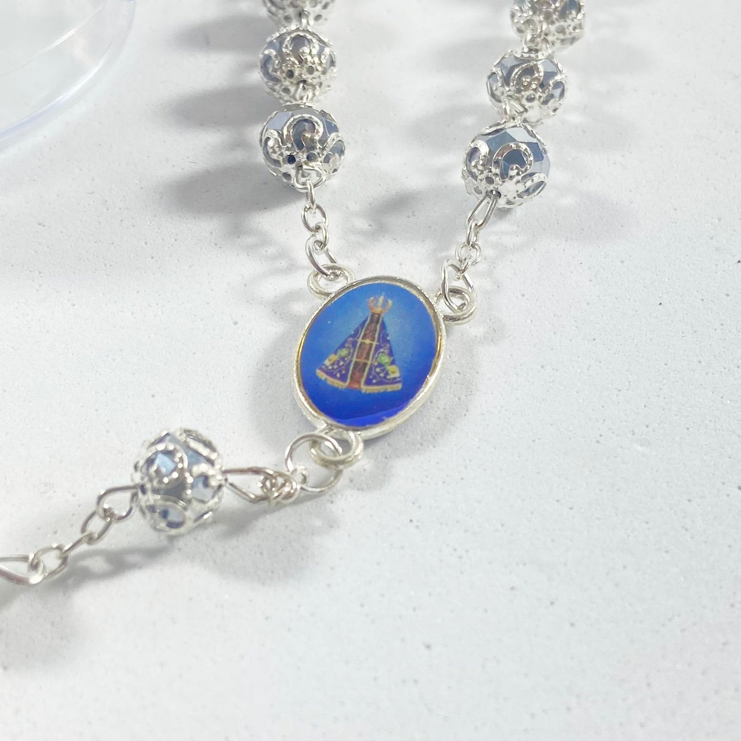 TERÇO CRISTAL TULIPA NOSSA SENHORA APARECIDA RESINADO PRATA 8MM (1 UNIDADE)