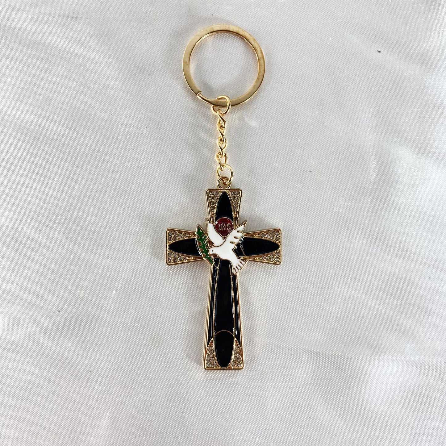 CHAVEIRO LUXO EUCARISTIA CRUCIFIXO PRETO COM STRASS (3 UNIDADES)