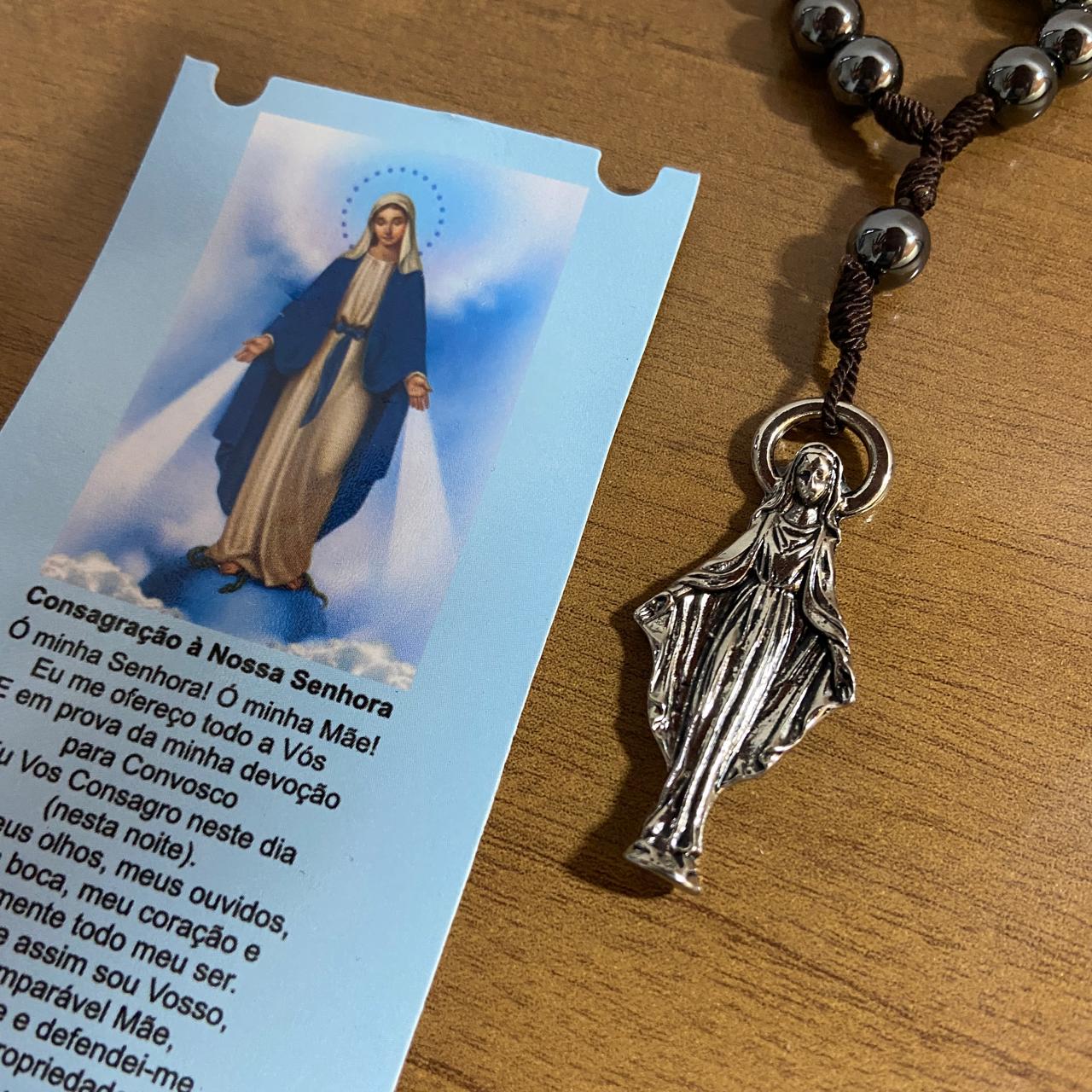 CHAVEIRO DEZENA HEMATITA COM MOSQUETE NOSSA SENHORA DAS GRAÇAS (3 UNIDADES)