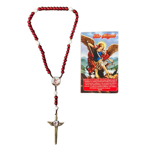TERÇO PÉROLA VERMELHA COM MEDALHA RESINADA ESPADA DE SÃO MIGUEL 6MM (1 UNIDADE)