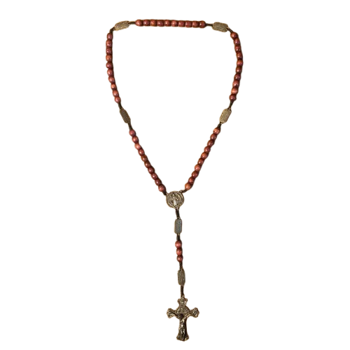 TERÇO DE MADEIRA CONTEMPLAÇÃO DOS MISTÉRIOS DO ROSÁRIO MEDALHA SÃO BENTO OURO VELHO 10MM (1 UNIDADE)