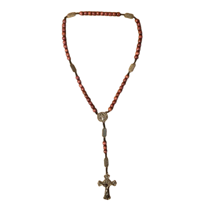 TERÇO DE MADEIRA CONTEMPLAÇÃO DOS MISTÉRIOS DO ROSÁRIO MEDALHA SÃO BENTO OURO VELHO 10MM (1 UNIDADE)