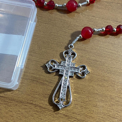 TERÇO DE NOIVA PRATEADO CRISTAL VERMELHO NOSSA SENHORA APARECIDA 08MM (1 UNIDADE)
