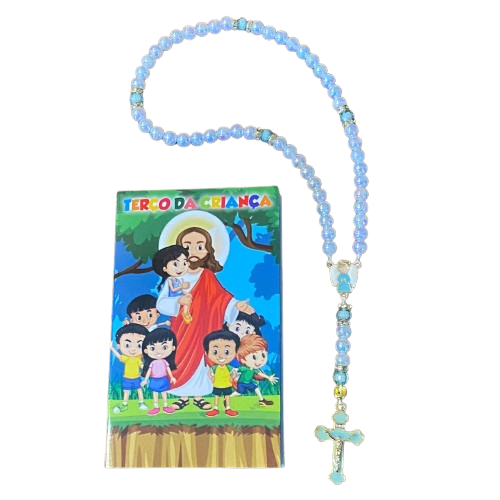 TERÇO PÉROLA  COM STRASS  ANJO DA GUARDA AZUL 08MM (1 UNIDADE)