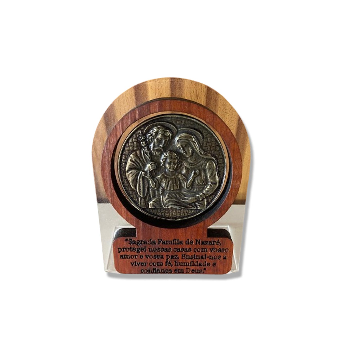 ADORNO DE MESA ACRÍLICO E MADEIRA COM ORAÇÃO SAGRADA FAMÍLIA METAL OURO VELHO 12CM (1 UNIDADE)
