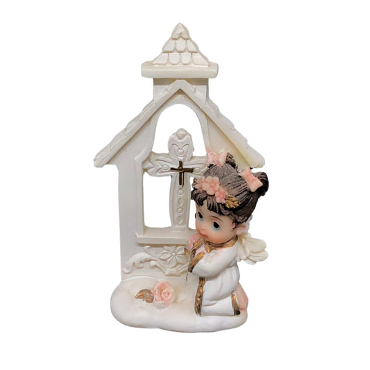 IMAGEM DE RESINA IMPORTADA ANJINHO REZANDO NA CRUZ MENINA 8CM (1 UNIDADE)