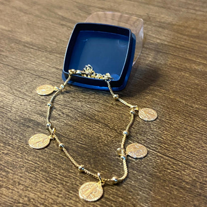PULSEIRA DOURADA MEDALHAS DE  SÃO BENTO  (3 UNIDADES)