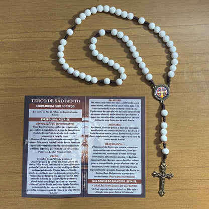 TERÇO PÉROLA BRANCA CAMPISTA MEDALHA SÃO BENTO 10MM (1 UNIDADE)