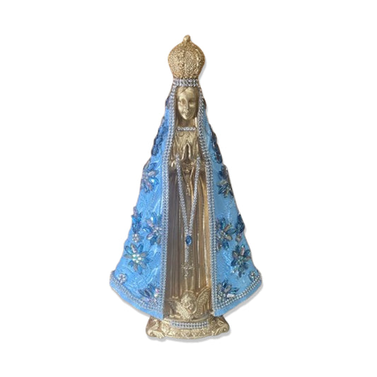 IMAGEM DE GESSO NOSSA SENHORA APARECIDA DOURADA E AZUL COM STRASS E PEDRARIA 33CM  MOD 2 (1 UNIDADE)