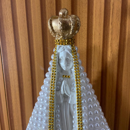 IMAGEM DE GESSO NOSSA SENHORA APARECIDA BRANCA PÉROLA BRANCA COM STRASS 26,5CM (1 UNIDADE)