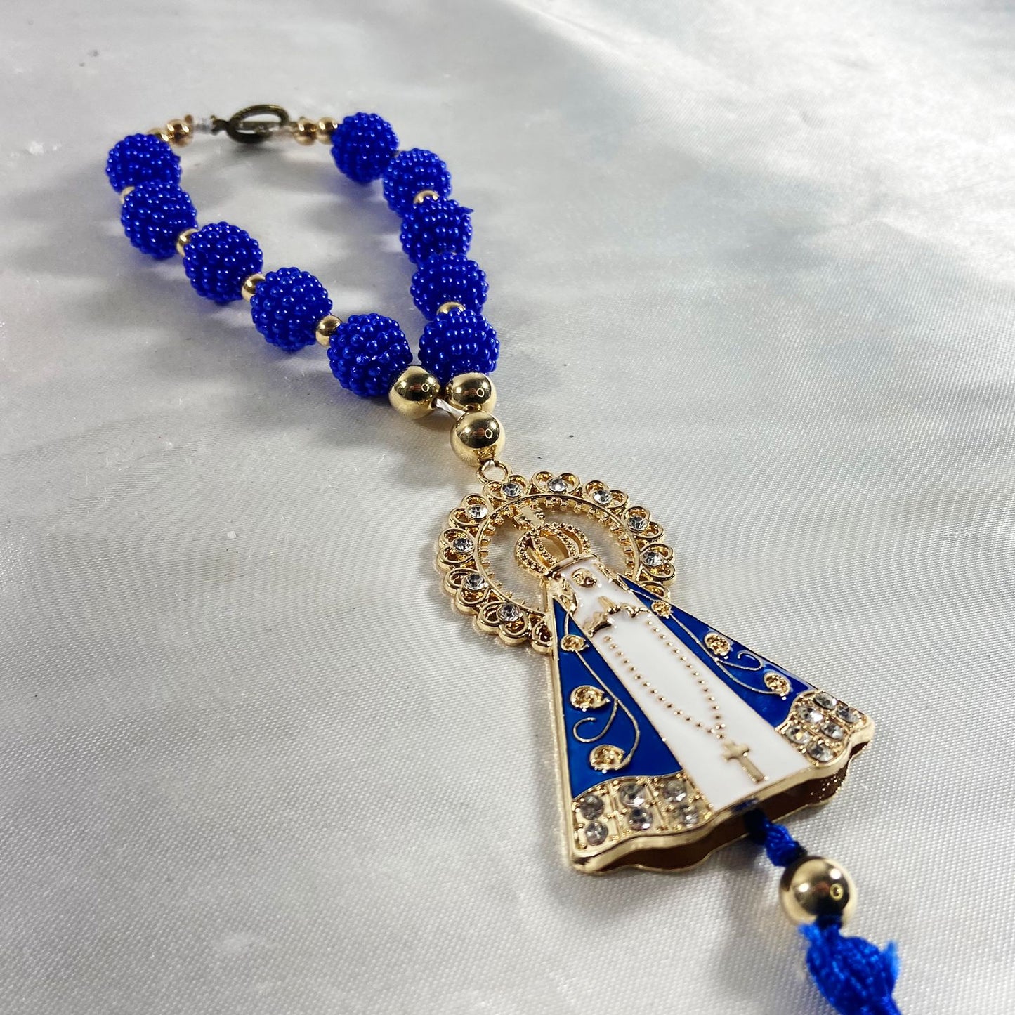 DEZENA PARA CARRO NOSSA SENHORA APARECIDA BRANCA AMORA AZUL 12MM MOD2 (3 UNIDADES)
