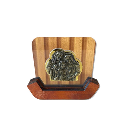 IMAGEM DE MESA METAL OURO VELHO SAGRADA FAMÍLIA NO ACRÍLICO E BASE DE MADEIRA 10,7CM (1 UNIDADE)