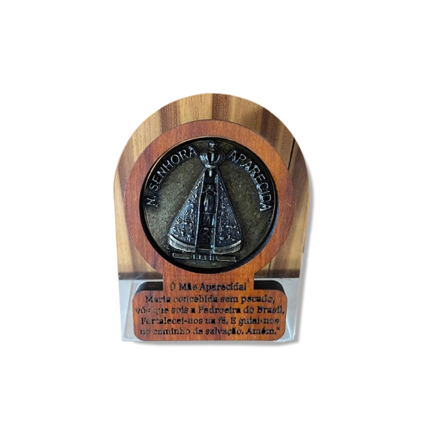ADORNO DE MESA ACRÍLICO E MADEIRA COM ORAÇÃO NOSSA SENHORA APARECIDA METAL OURO VELHO 12CM (1 UNIDADE)