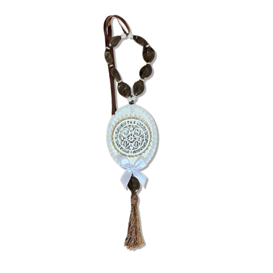 ADORNO COM PEDRARIA MEDALHA SÃO BENTO MDF E STRASS 40CM (1 UNIDADE)