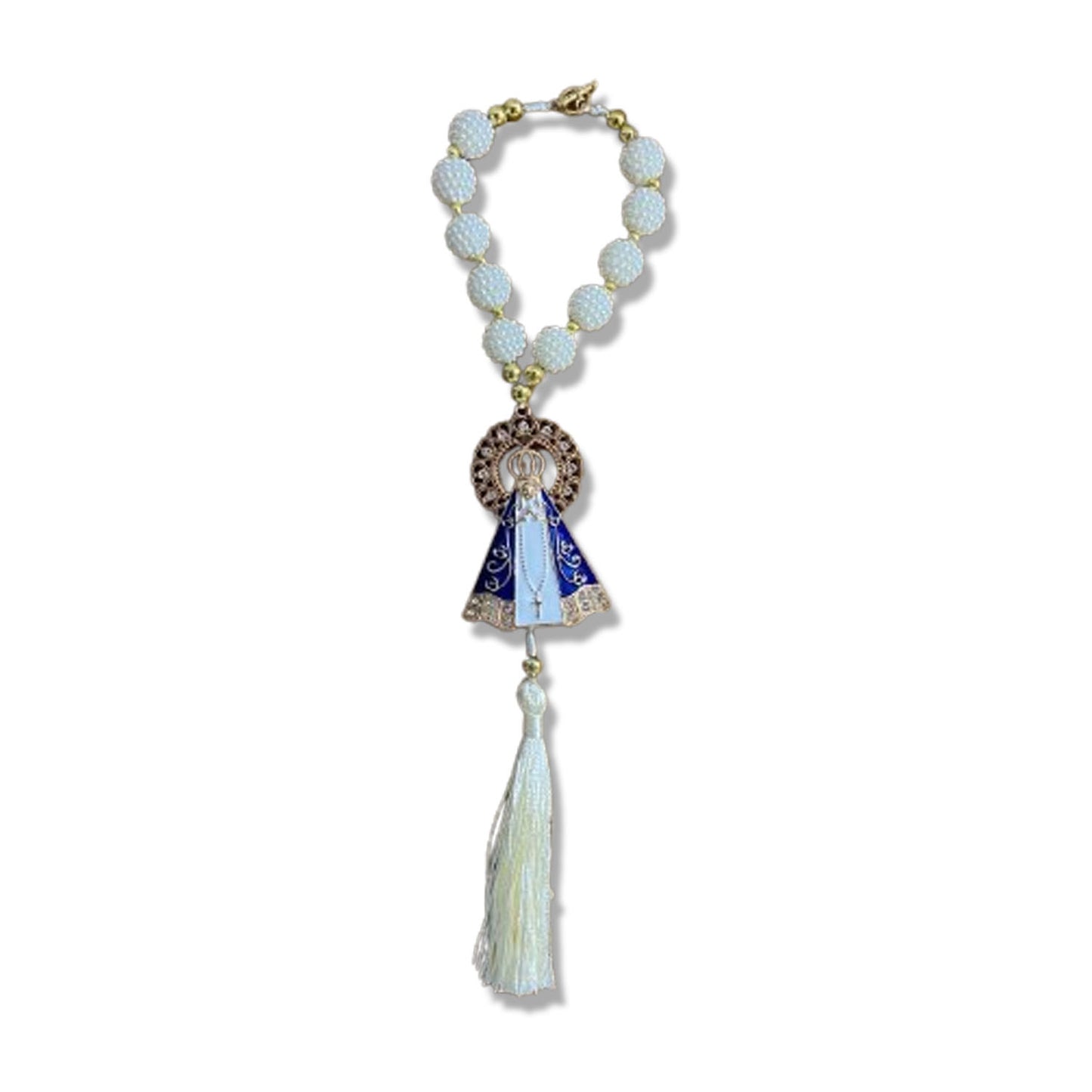 DEZENA PARA CARRO NOSSA SENHORA APARECIDA COM AURÉOLA STRASS BRANCO AMORA BRANCA 12MM (3 UNIDADES)