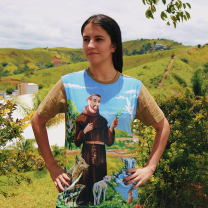 CAMISETA MARROM CLARO SÃO FRANCISCO DE ASSIS TAMANHO P (1 UNIDADE)