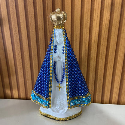IMAGEM DE GESSO NOSSA SENHORA APARECIDA BRANCA COM PÉROLA AZUL 26 CM (1 UNIDADE)