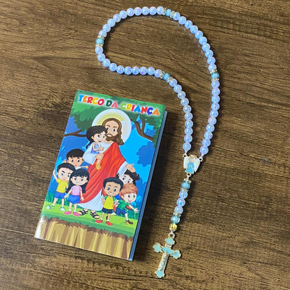 TERÇO PÉROLA  COM STRASS  ANJO DA GUARDA AZUL 08MM (1 UNIDADE)