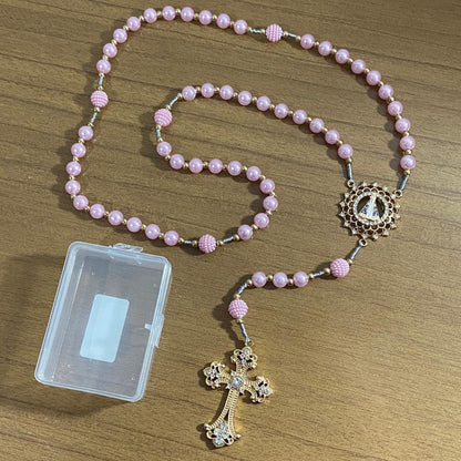 TERÇO DE NOIVA DOURADO PÉROLA ROSA NOSSA SENHORA APARECIDA 08MM MOD1 (1 UNIDADE)
