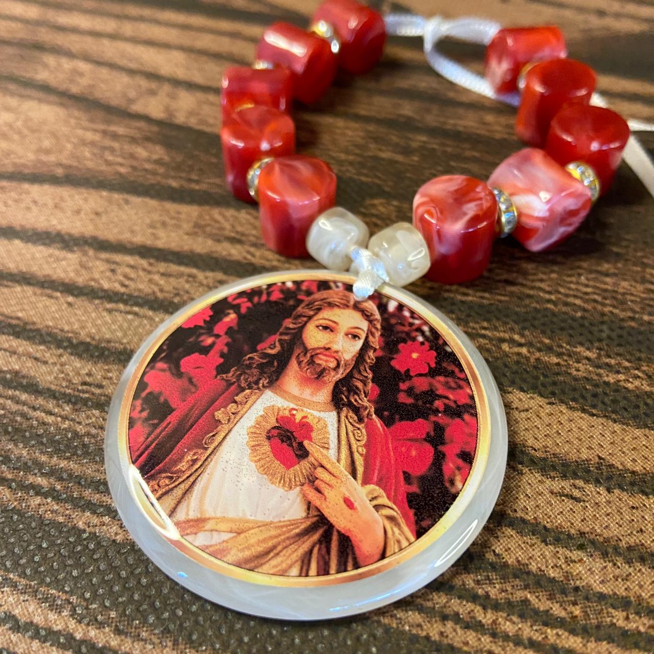 DEZENA PEDRARIAS MEDALHÃO RESINADO SAGRADO CORAÇÃO DE JESUS  12MM  (1 UNIDADE)