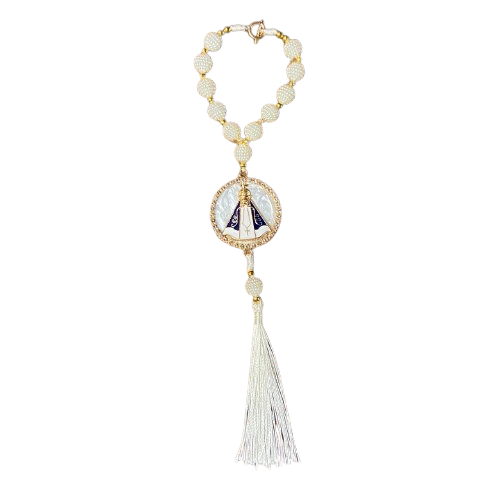 DEZENA PARA CARRO NOSSA SENHORA APARECIDA MADREPÉROLA AMORA BRANCA 10MM (3 UNIDADES)