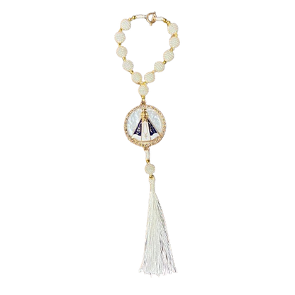 DEZENA PARA CARRO NOSSA SENHORA APARECIDA MADREPÉROLA AMORA BRANCA 10MM (3 UNIDADES)