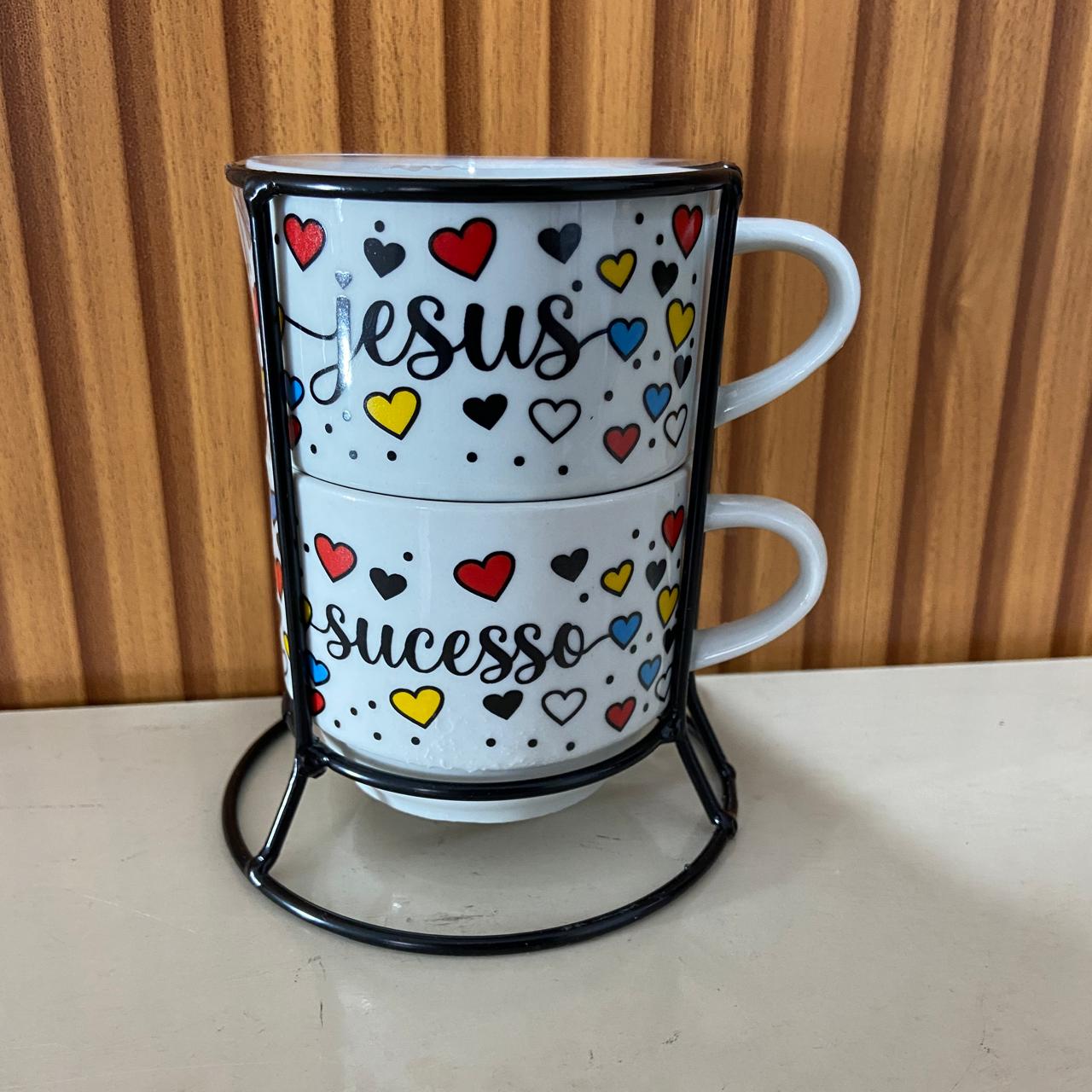 XÍCARA BRANCA EMPILHÁVEL JESUS E SUCESSO  ( 2 UNIDADES)
